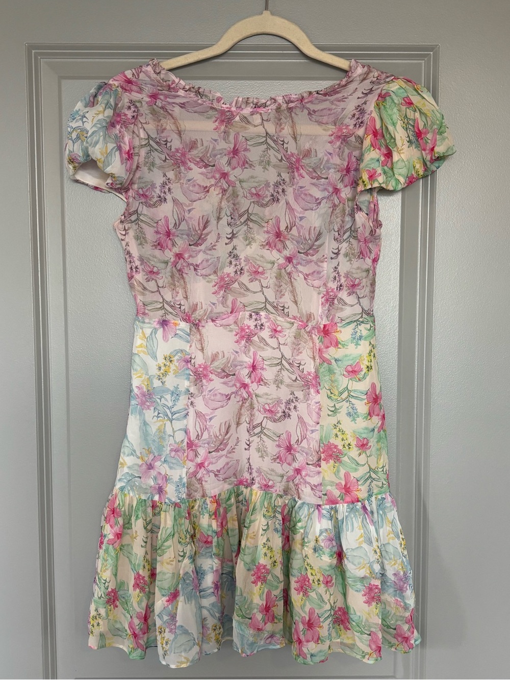 LOVESHACKFANCY Russ Silk Floral Print Mini Dress. Pink, Blue and Yellow print. - Picture 8 of 16